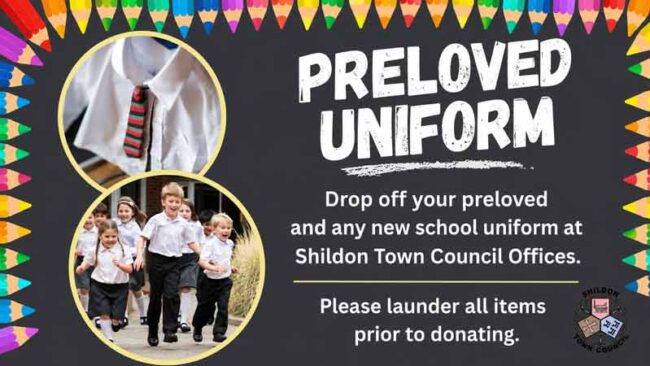 preloved-uniforms Poster about donating laundered preloved school uniforms to Shildon Town Council Offices.