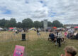 People at an outdoor fête with marquees, a climbing wall, and picnic tables on a grassy field.