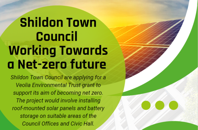 Solar panels on a roof with text about Shildon Town Council aiming for a net-zero future.