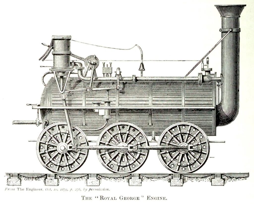 Engraving of the Royal George steam locomotive.